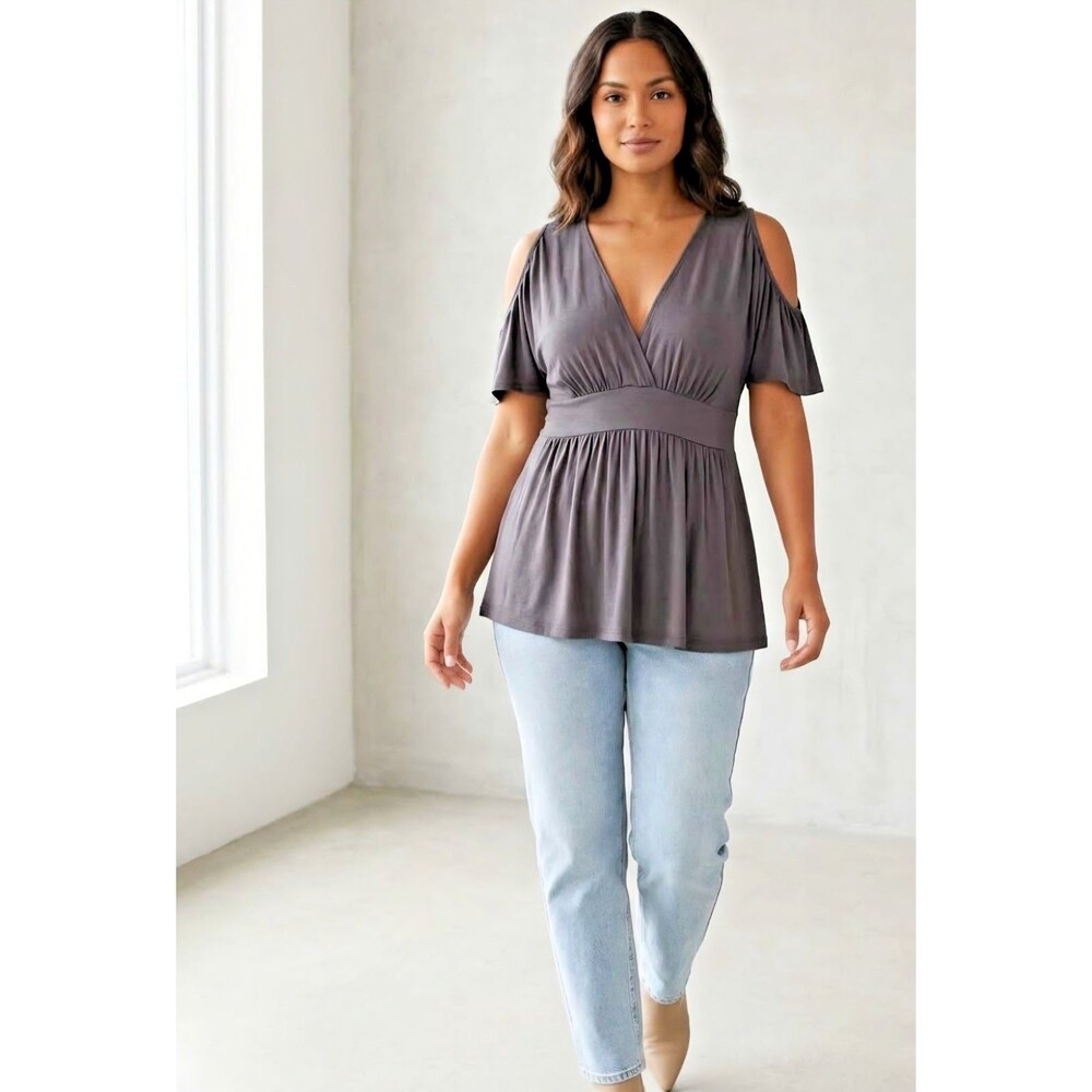 MAI TAI Gray Cold Shoulder Deep V-Neck Empire Waist Cotton Jersey Top SZ 2X